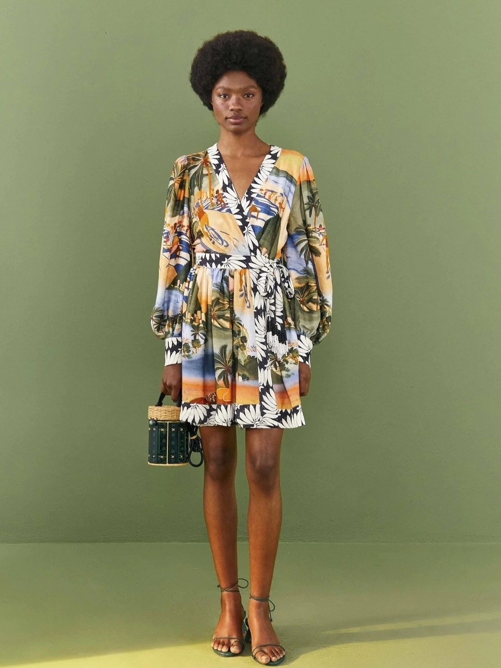 FARM Rio Sunset Palm Wrap Mini Dress in Yellow, Green, Blue